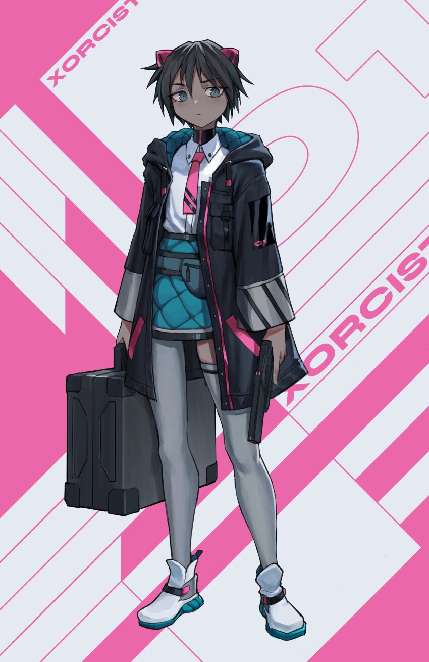 1girl absurdres arms_at_sides asymmetrical_legwear black_bodysuit black_coat black_hair black_trim blue_bag blue_coat blue_eyes blue_shoes blue_skirt bodysuit bodysuit_under_clothes briefcase buttons character_name closed_mouth coat collared_shirt colored_shoe_soles commentary dark-skinned_female dark_skin diagonal-striped_clothes diagonal-striped_necktie dot_nose double-parted_bangs down_jacket drawstring dress_shirt english_commentary english_text eyebrows_hidden_by_hair fanny_pack furrowed_brow grey_eyes grey_sleeve_cuffs grey_thighhighs gun hair_between_eyes hair_ornament half-closed_eyes handgun high-waist_skirt high_collar high_tops highres holding holding_briefcase holding_gun holding_weapon hood hood_down hooded_coat invisible_floor jacket left-handed legs_apart light_blush long_eyelashes looking_at_viewer miniskirt narrowed_eyes necktie open_clothes open_coat original pink_background pink_necktie pink_trim pocket quilted_jacket quilted_skirt science_fiction shirt shirt_tucked_in shoe_strap shoes short_hair short_necktie sidelocks skindentation skirt sneakers solo spiked_hair standing striped_clothes text_background thick_eyelashes thighhighs thighs two-sided_coat two-sided_fabric two-tone_background v-shaped_eyebrows vertigris weapon white_background white_shirt white_shoes wide_sleeves wing_collar zettai_ryouiki