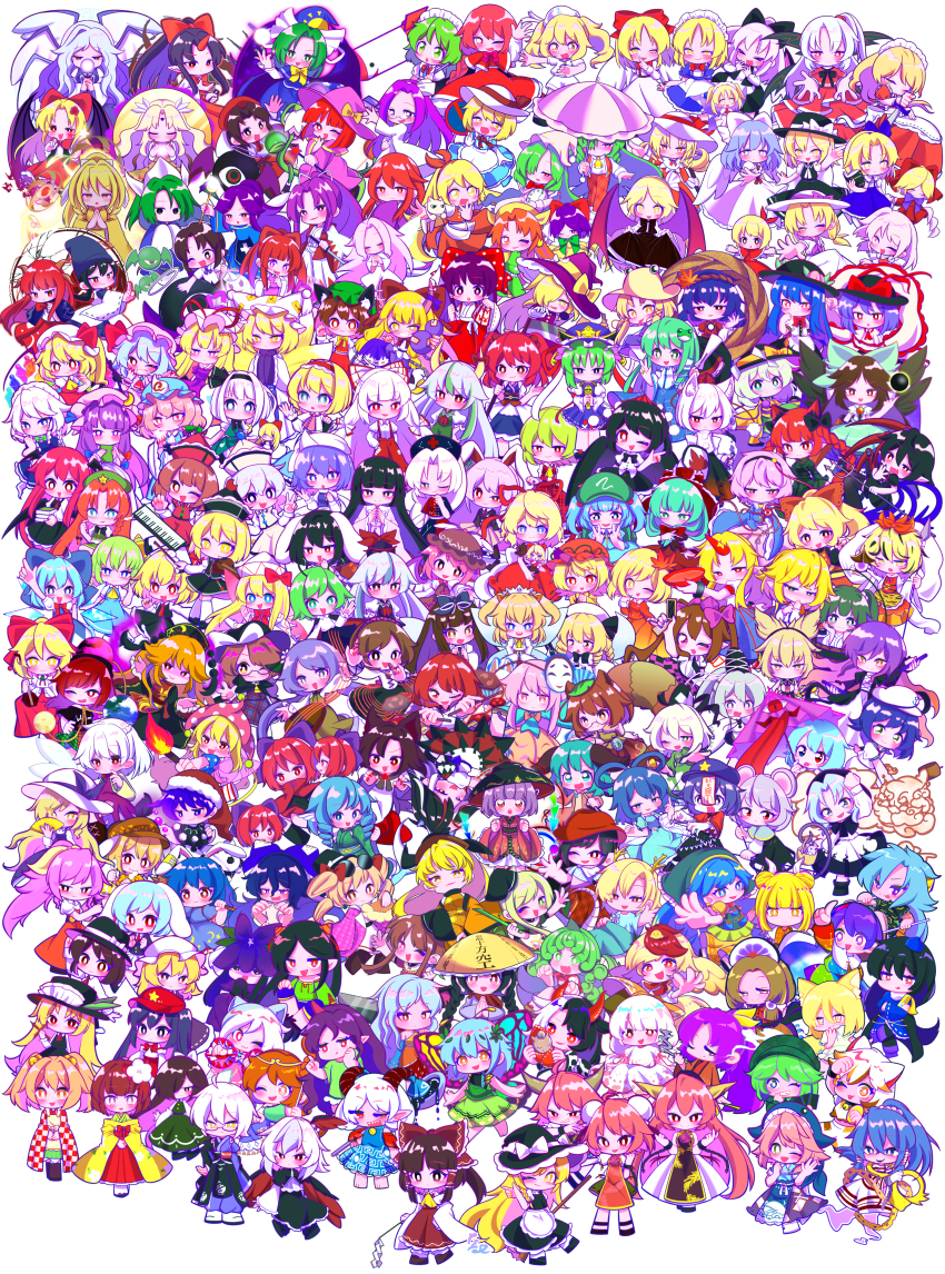2others 3boys 6+girls absolutely_everyone absurdres ahoge ajirogasa aki_minoriko aki_shizuha alice_margatroid alice_margatroid_(pc-98) anchor_symbol animal_ears asakura_rikako asymmetrical_wings bat_wings beret bird_wings bishamonten&#039;s_pagoda bishamonten&#039;s_spear black_hair black_hat black_sun blonde_hair blonde_makai_resident_(touhou) blue_eyes blue_hair blue_hat blunt_bangs book bow bowl bowl_hat braid bright_pupils brown_hair bun_cover cat cat_ears character_request checkered_clothes checkered_kimono chen chibi cirno closed_eyes clownpiece commentary_request cow_ears crystal_wings cuffs cup daiyousei disembodied_hand dog_ears doremy_sweet double_bun dress drill_hair ebisu_eika elis_(touhou) ellen_(touhou) elly_(touhou) eternity_larva everyone evil_eye_sigma ex-keine ex-rika eyewear_on_head flandre_scarlet fox_ears fox_girl frilled_shawl frills fujiwara_no_mokou futatsuiwa_mamizou gengetsu_(touhou) glasses gohei goutokuji_mike green_eyes green_hair green_hat grey_hair hair_bow hair_bun hair_ornament hair_ribbon hairband hakurei_reimu hakurei_reimu_(pc-98) haniyasushin_keiki hat hata_no_kokoro headdress headscarf hecatia_lapislazuli hieda_no_akyuu highres hijiri_byakuren himekaidou_hatate himemushi_momoyo hinanawi_tenshi holding holding_book holding_cup holding_gohei hong_meiling horikawa_raiko horns hoshiguma_yuugi houjuu_nue houraisan_kaguya ibaraki_douji&#039;s_arm ibaraki_douji_(touhou) ibaraki_kasen ibuki_suika iizunamaru_megumu imaizumi_kagerou inaba_tewi instrument inubashiri_momiji izayoi_sakuya jacket_girl_(dipp) japanese_clothes joutouguu_mayumi junko_(touhou) kaenbyou_rin kagiyama_hina kaku_seiga kamishirasawa_keine kana_anaberal karakasa_obake kasodani_kyouko kawashiro_nitori kazami_yuuka kazami_yuuka_(pc-98) keyboard_(instrument) kicchou_yachie kijin_seija kikuri_(touhou) kimono kirisame_marisa kirisame_marisa_(pc-98) kishin_sagume kisume kitashirakawa_chiyuri kochiya_sanae komakusa_sannyo komano_aunn komeiji_koishi komeiji_satori konngara_(touhou) konpaku_youmu kotohime_(touhou) kumoi_ichirin kurodani_yamame kurokoma_saki kurumi_(touhou) label_girl_(dipp) leaf_hair_ornament letty_whiterock lily_white long_hair louise_(touhou) luna_child lunasa_prismriver lyrica_prismriver mai_(touhou) maribel_hearn matara_okina matenshi_(touhou) medicine_melancholy meira_(touhou) merlin_prismriver mima_(touhou) mimi-chan mitsugashira_enoko miyadeguchi_mizuchi miyako_yoshika mizuhashi_parsee mob_cap mononobe_no_futo morichika_rinnosuke moriya_suwako motoori_kosuzu mouse_ears mugetsu_(touhou) multicolored_hair multiple_boys multiple_girls multiple_heads multiple_others multiple_wings murasa_minamitsu mystia_lorelei nagae_iku nazrin nippaku_zanmu nishida_satono niwatari_kutaka noroiko okazaki_yumemi okunoda_miyoi onozuka_komachi orange_(touhou) orange_hair pants parasol patchouli_knowledge pink-haired_makai_resident_(touhou) pink_eyes pink_hair pink_hat ponytail purple_eyes purple_hair purple_umbrella rabbit_ears red_eyes red_hair red_ribbon reisen_(touhou_bougetsushou) reisen_udongein_inaba reiuji_utsuho remilia_scarlet rengeteki_(touhou) ribbon rika_(touhou) ringo_(touhou) rope round_eyewear rumia ruukoto saigyouji_yuyuko sakata_nemuno sakazuki sara_(touhou) sariel_(touhou) satsuki_rin seiran_(touhou) sekibanki shameimaru_aya shanghai_doll shawl shide shiki_eiki shimenawa shingyoku_(female) shingyoku_(male) shingyoku_(touhou) shinki_(touhou) shirt short_hair side_braids sidelocks single_horn skirt soga_no_tojiko sokrates_(touhou) son_biten star_sapphire streaked_hair sukuna_shinmyoumaru sun sunglasses sunny_milk tabard tamatsukuri_misumaru tasotasoyan00 tatara_kogasa tate_eboshi teireida_mai tenkajin_chiyari tenkyuu_chimata third_eye tokiko_(touhou) tongue toramaru_shou touhou touhou_(pc-98) toutetsu_yuuma toyosatomimi_no_miko triangular_headpiece tsukumo_benben tsukumo_yatsuhashi twin_braids twin_drills two_side_up umbrella unzan usami_renko usami_sumireko ushizaki_urumi violin wakasagihime watatsuki_no_toyohime watatsuki_no_yorihime wayousei_(touhou) white_hair white_hat white_pupils wings wolf_ears wolf_girl wriggle_nightbug yagokoro_eirin yakumo_ran yakumo_yukari yamashiro_takane yasaka_kanako yatadera_narumi yellow_eyes yellow_kimono yin_yang_orb_(fairy) yomotsu_hisami yorigami_jo&#039;on yorigami_shion yuki_(touhou) yumeko_(touhou) yuugenmagan