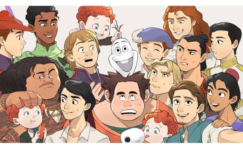 6+boys aladdin_(disney) aladdin_(movie) beast_(disney) beauty_and_the_beast_(disney) black_hair blonde_hair brave_(disney) brave_(pixar) brown_hair carrot child curly_hair dark-skinned_male dark_skin disney eric_(disney) florian_(disney) flynn_rider frozen_(disney) full-body_tattoo grabbing_another&#039;s_hair green_eyes grey_background hamish_(brave) harris_(brave) hat hubert_(brave) jewelry kristoff_(frozen) li_shang_(disney) licking long_hair looking_at_another looking_up male_focus maui_(disney) moana_(movie) multiple_boys naveen necklace olaf_(frozen) overalls pano_(mohayayamai) phillip_(disney) phoebus prince_charming_(disney) red_hair selfie simple_background sleeping_beauty_(disney) snow_white_and_the_seven_dwarfs_(disney) snowman surprised sweatdrop tangled tattoo the_hunchback_of_notre_dame_(disney) the_little_mermaid_(disney) the_princess_and_the_frog topknot triplets vest wreck-it_ralph wreck-it_ralph_(character)