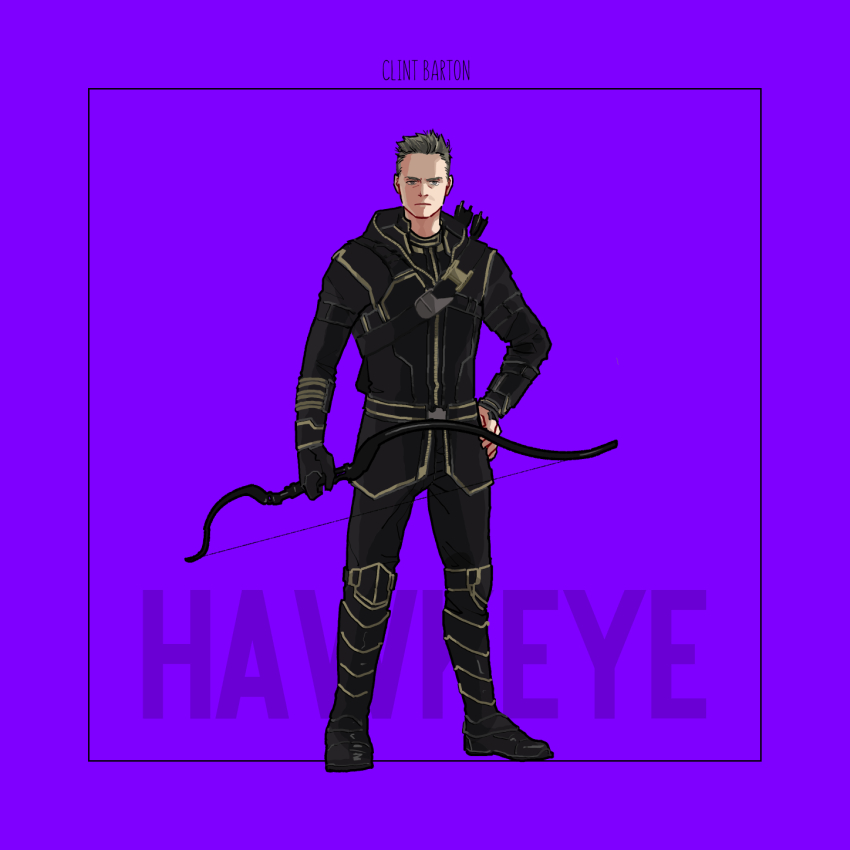 1boy arrow_(projectile) avengers:_endgame avengers_(series) belt black_belt black_gloves black_jacket black_pants black_shoes blue_eyes bow_(weapon) brown_hair character_name clint_barton closed_mouth full_body gloves hand_on_own_hip hawkeye_(marvel) highres holding holding_bow_(weapon) holding_weapon jacket long_sleeves looking_at_viewer male_focus marvel marvel_cinematic_universe mochishio pants purple_background shoes short_hair simple_background single_glove solo standing superhero_costume v-shaped_eyebrows weapon