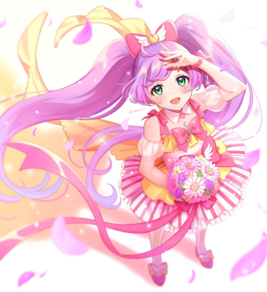 1girl :d ahoge arm_up bouquet bow commentary_request detached_collar detached_sleeves dress flower from_above full_body green_eyes hair_bow hand_up highres holding holding_bouquet idol_clothes long_hair looking_at_viewer looking_up manaka_laala mendamen multicolored_dress open_mouth petals pink_bow pretty_series pripara puffy_detached_sleeves puffy_sleeves purple_hair shadow smile solo standing treble_clef twintails very_long_hair white_background wind