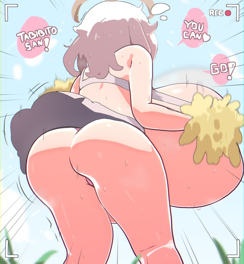 1girl alternate_breast_size_(larger) ass back bare_shoulders bouncing_breasts breasts cheerleader english_text genshin_impact gigantic_breasts grass heart huge_ass impossible_clothes ioxat motion_blur motion_lines paimon_(genshin_impact) panties pink_panties recording shortstack skirt sky solo speech_bubble spoken_heart sports_bra sweat thick_thighs thighs underwear upskirt white_hair white_skirt