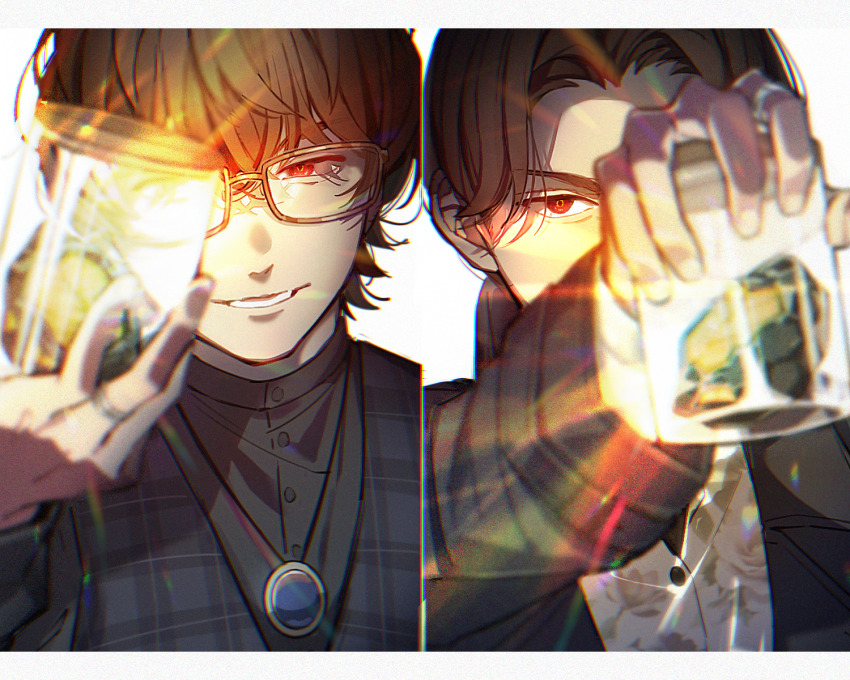 2boys aam09212 brown_hair glasses highres holding kamen_rider kamen_rider_gavv_(series) karakida_hanto long_sleeves male_focus multiple_boys red_eyes short_hair simple_background suga_kenzo tokusatsu white_background