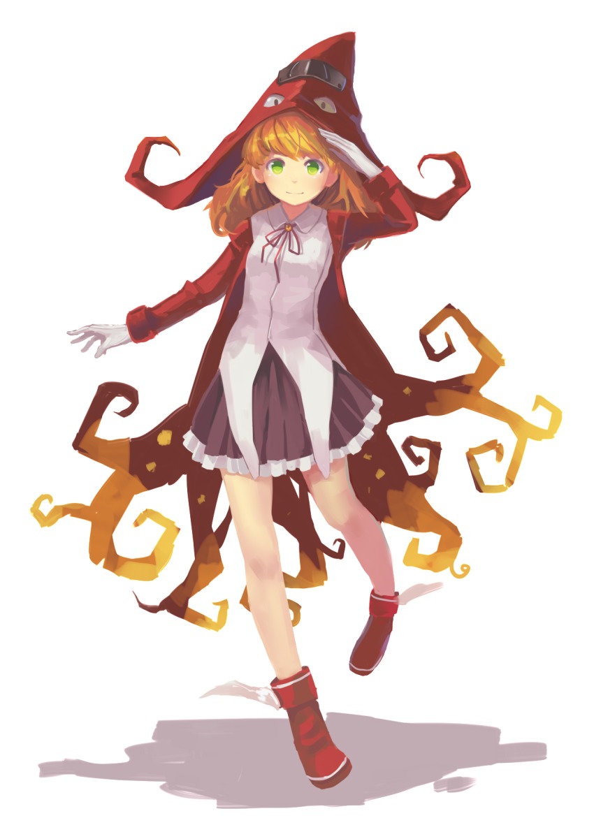 1girl animal_hood black_skirt blonde_hair blouse coat female_focus full_body gloves green_eyes hat highres hood living_clothes long_coat long_hair long_sleeves looking_at_viewer neck_ribbon original outstretched_arm pleated_skirt red_coat red_footwear ribbon running salute shirt skirt solo squid_costume squid_hat uusquid white_background white_gloves white_shirt witch