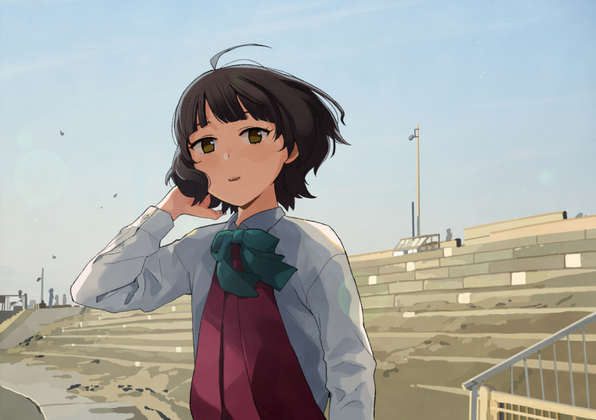 1girl antenna_hair blue_sky bow bowtie brown_eyes brown_hair commentary_request day dress hand_in_own_hair kantai_collection kishinami_(kancolle) looking_at_viewer makio_(makiomeigenbot) outdoors parted_lips purple_dress school_uniform shirt short_hair sky solo stadium upper_body white_shirt