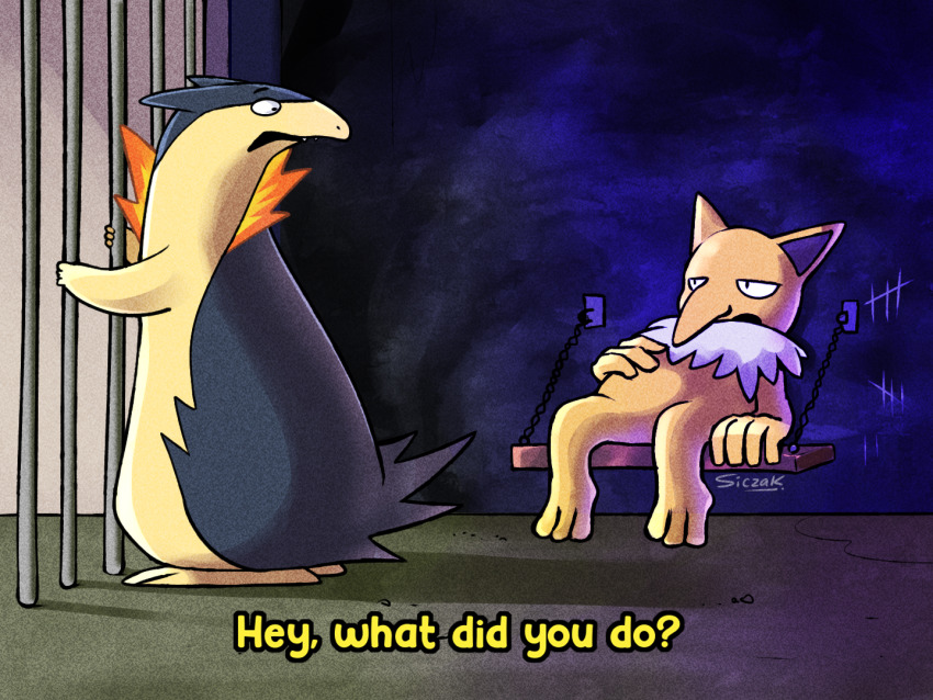 2024_pokemon_teraleak 2boys :o ? animal_focus artist_name english_text fangs gen_1_pokemon gen_2_pokemon hypno indoors looking_at_another multiple_boys nintendo open_mouth parody pokemon pokemon_(creature) prison restrained siczak signature simple_background spongebob_squarepants_(series) style_parody trait_connection twitter_username typhlosion upper_body