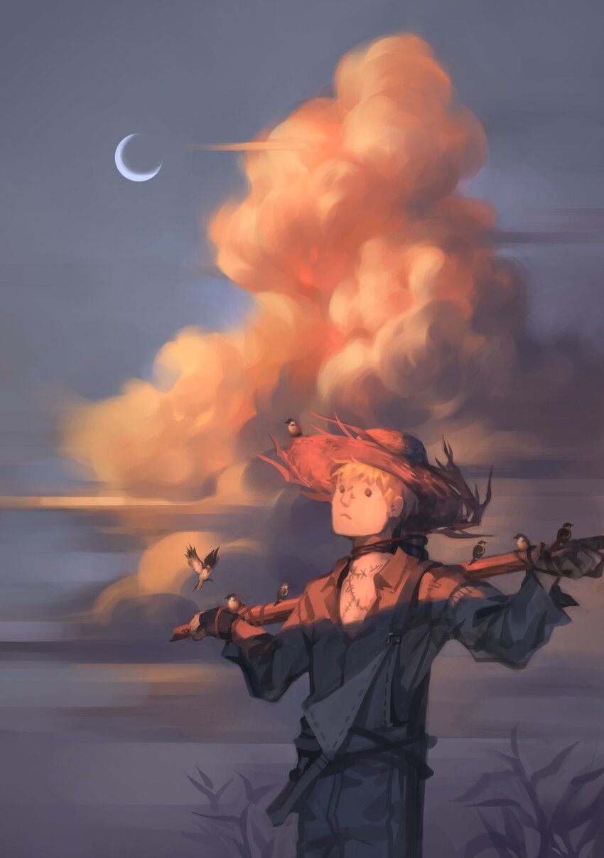 1boy absurdres bird black_eyes blonde_hair brown_hat cloud commentary crescent_moon cumulonimbus_cloud english_commentary grey_pants grey_shirt grey_sky hat highres long_sleeves looking_up lydia_ling male_focus moon outdoors pants scarecrow scarecrow_(the_wizard_of_oz) shirt short_hair sky solo straw_hat the_wizard_of_oz