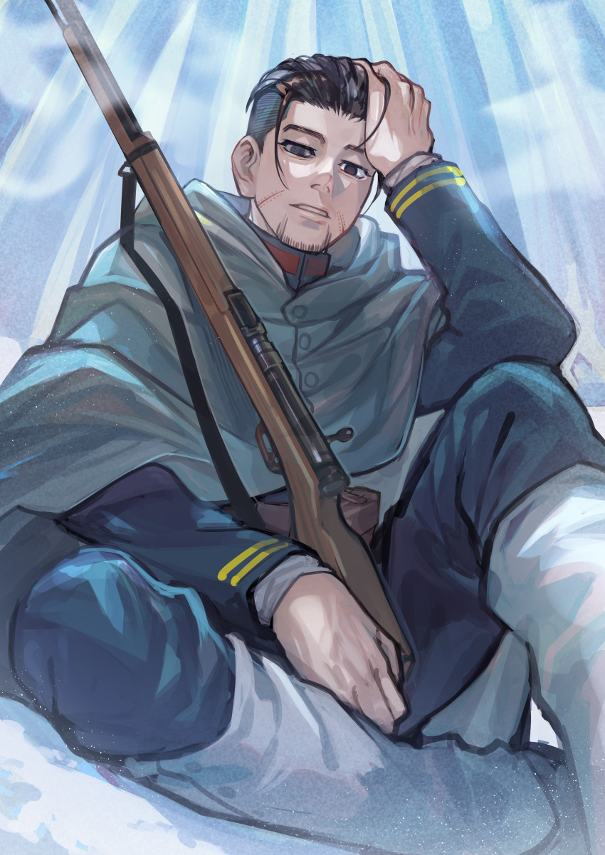 1boy absurdres black_eyes black_hair cloak facial_hair facial_scar feet_out_of_frame golden_kamuy gun hair_slicked_back hand_up highres holding holding_gun holding_weapon long_sleeves looking_at_viewer male_focus ogata_hyakunosuke pants scar scar_on_cheek scar_on_face short_hair sitting solo stubble uedrk_yamato weapon