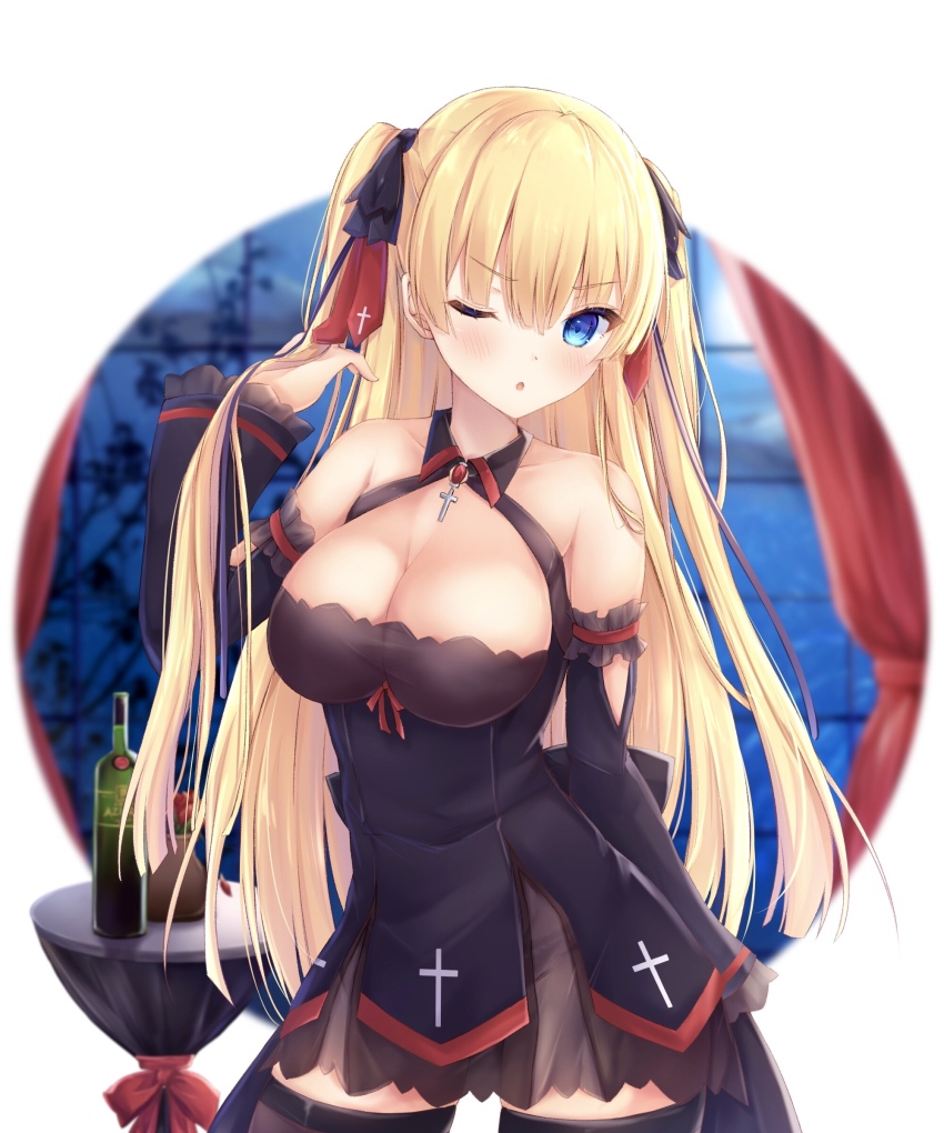 1girl absurdres azur_lane bare_shoulders black_dress black_thighhighs blonde_hair blue_eyes blush bottle bow breasts cleavage cross curtains detached_sleeves dress hair_bow hair_ornament hand_in_own_hair highres kiri_celea large_breasts layered_dress long_hair one_eye_closed short_dress sussex_(azur_lane) sussex_(wine_and_red_roses)_(azue_lane) sussex_(wine_and_red_roses)_(azur_lane) thighhighs wine_bottle