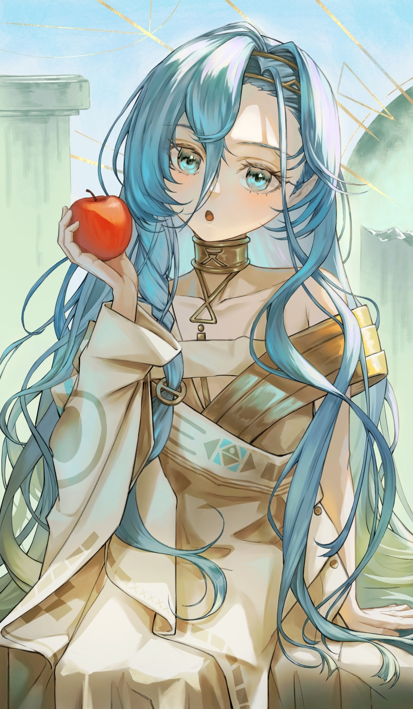 1girl 37_(reverse:1999) :o absurdres ancient_greek_clothes apple arm_support bare_shoulders blue_background blue_eyes blue_hair broken_pillar cowboy_shot food fruit gold_choker greco-roman_clothes hair_between_eyes hand_up highres holding holding_food holding_fruit long_hair looking_at_viewer pillar reverse:1999 sitting solo toga tongshan_treeless very_long_hair