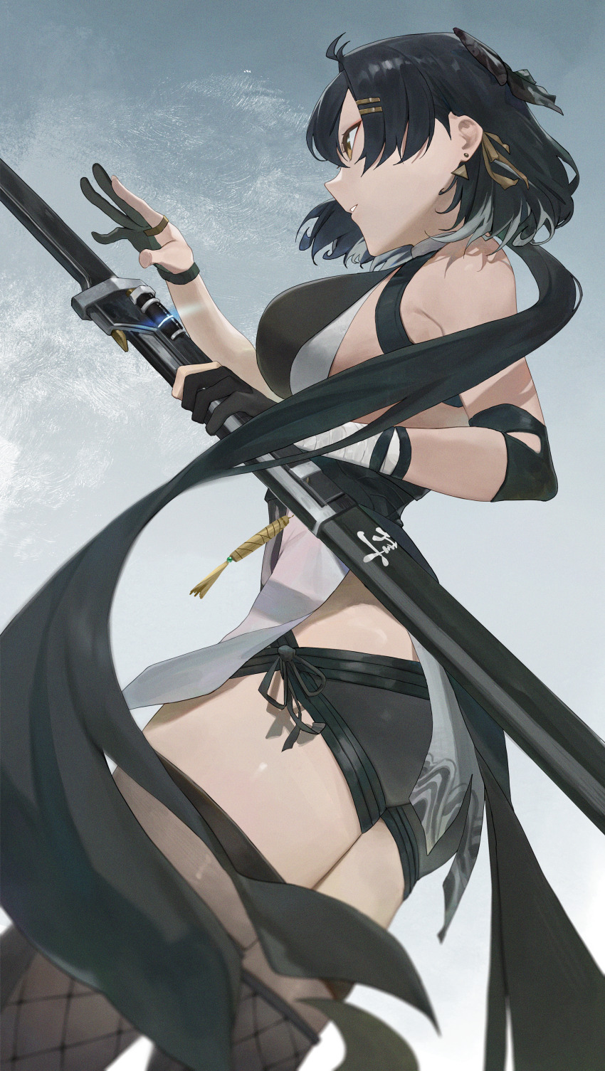 1girl absurdres bandaged_arm bandages bare_shoulders black_gloves black_hair black_shorts black_thighhighs breasts commentary earrings elbow_pads female_rover_(wuthering_waves) from_side gloves hair_ribbon highres holding holding_sword holding_weapon jewelry large_breasts long_hair looking_afar looking_ahead parted_lips partially_fingerless_gloves ribbon rover_(wuthering_waves) scabbard sheath sheathed short_shorts shorts solo sword tabulagami thighhighs thighs triangle_earrings very_long_hair weapon wuthering_waves yellow_eyes yellow_ribbon
