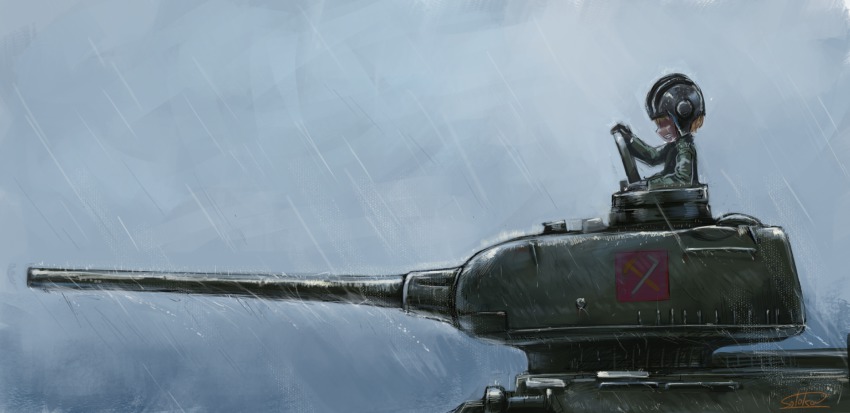 10s 1girl artist_name bad_id bad_pixiv_id blonde_hair cloud crying emblem female_focus from_side girls_und_panzer gloves grimace helmet highres katyusha_(girls_und_panzer) military military_vehicle motor_vehicle rain short_jumpsuit signature solo solokov_(okb-999) standing t-34 tank tank_helmet vehicle