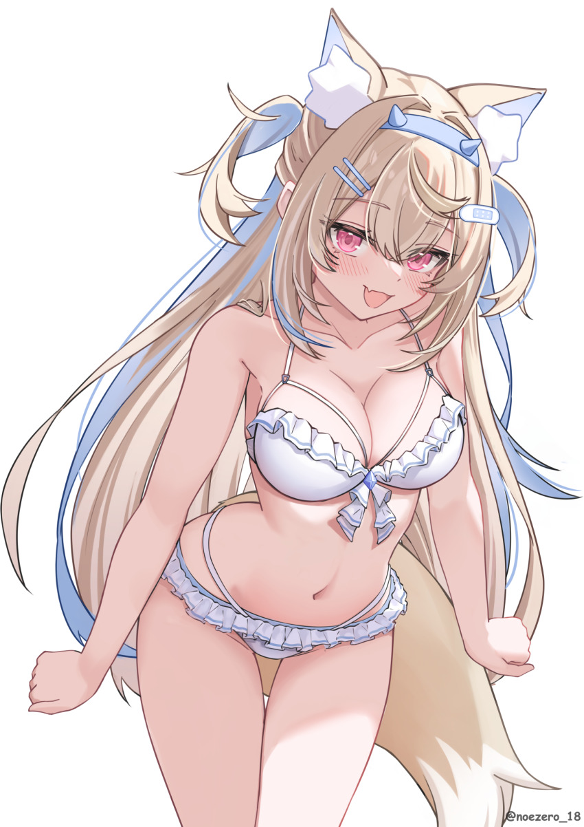 1girl alternate_costume animal_ear_fluff animal_ears bandaid bandaid_hair_ornament bikini blonde_hair blue_hair blush breasts cleavage clenched_hands collarbone commentary dog_ears dog_girl dog_tail fang frilled_bikini frills fuwawa_abyssgard hair_between_eyes hair_intakes hair_ornament hairband hairclip highres hololive hololive_english large_breasts long_hair looking_at_viewer multicolored_hair navel noeee open_mouth parallel_hairclips pink_eyes sidelocks simple_background skin_fang smile solo spiked_hairband spikes stomach streaked_hair swimsuit tail thigh_gap twitter_username two_side_up virtual_youtuber white_background white_bikini