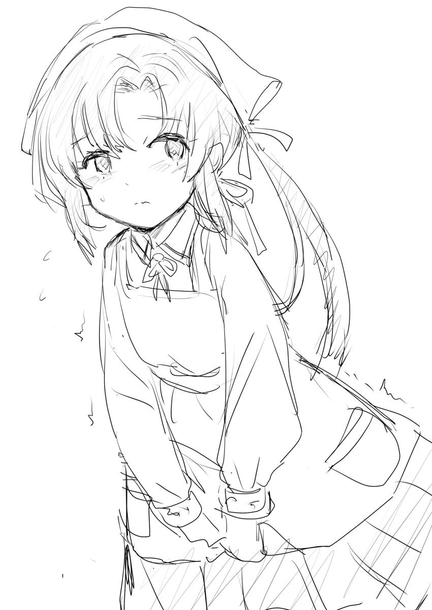 1girl apron bandana collared_shirt fuji_(pixiv24804665) highres kantai_collection lineart long_hair looking_at_viewer monochrome nankai_(kancolle) nosaki_(kancolle) pleated_skirt shirt side_ponytail skirt solo v_arms