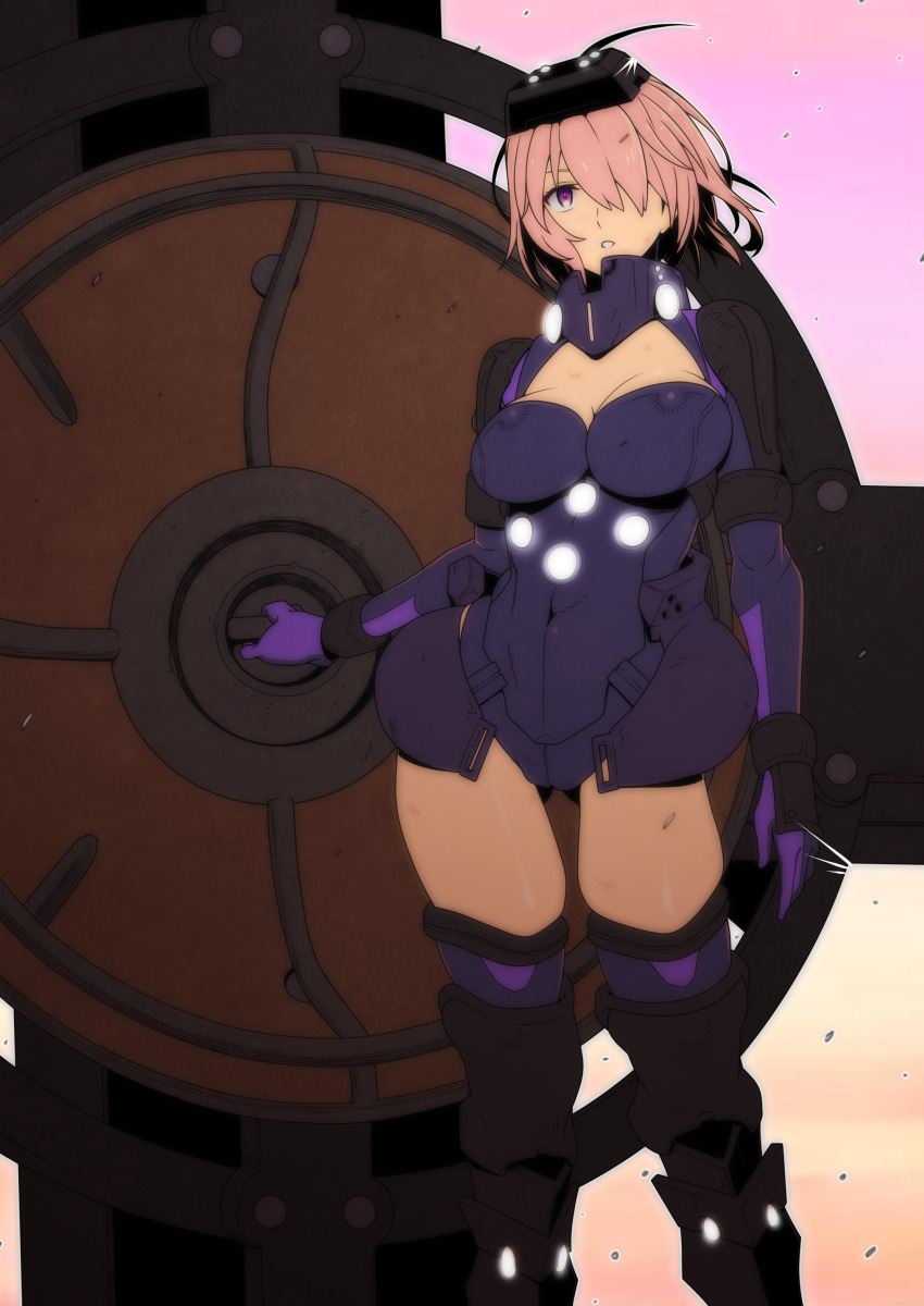 1girl absurdres armored_leotard boots breasts commentary_request date_naoto fate/grand_order fate_(series) head-mounted_display highres large_breasts leotard looking_afar lord_camelot_(fate) mash_kyrielight mash_kyrielight_(ortenaus) parted_lips pink_hair purple_eyes shield short_hair solo thigh_boots visor_lift