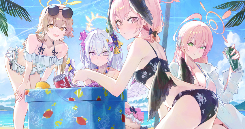 4girls absurdres ahoge ass azusa_(blue_archive) azusa_(swimsuit)_(blue_archive) bikini black_bikini black_wings blonde_hair blue_archive blue_sky breasts can cleavage commentary_request day drink_can floral_print_bikini hair_between_eyes hair_flaps hair_ornament halo hanako_(blue_archive) hanako_(swimsuit)_(blue_archive) head_wings hifumi_(blue_archive) hifumi_(swimsuit)_(blue_archive) highres hokori1207 koharu_(blue_archive) koharu_(swimsuit)_(blue_archive) large_breasts leaning_forward low_twintails low_wings make-up_work_club_(blue_archive) multiple_girls official_alternate_costume official_alternate_hairstyle pink_eyes pink_hair pink_halo purple_eyes sky soda_can swimsuit thighs too_many_hair_ornaments twintails white_bikini white_hair wings yellow_eyes yellow_halo