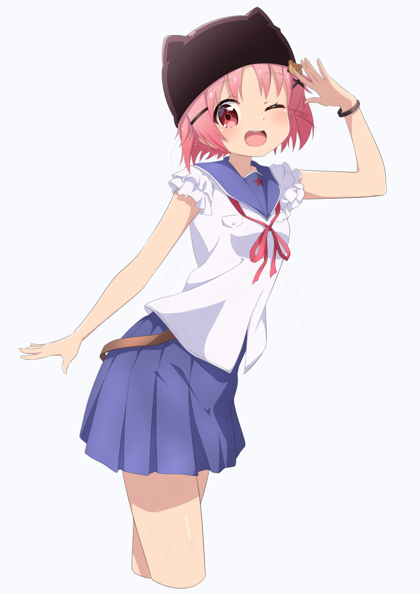 1girl ;d absurdres animal_hat beanie bear_hair_ornament black_hat blue_skirt blush breast_pocket cat_hat commentary_request cropped_legs frilled_sleeves frills gakkou_gurashi! hair_ornament hairclip hand_up hat highres looking_at_viewer megurigaoka_high_school_uniform neck_ribbon nishizuki_shino one_eye_closed open_mouth pink_hair pleated_skirt pocket red_ribbon ribbon school_uniform shirt short_hair short_sleeves simple_background skirt smile solo star_(symbol) takeya_yuki white_background white_shirt x_hair_ornament