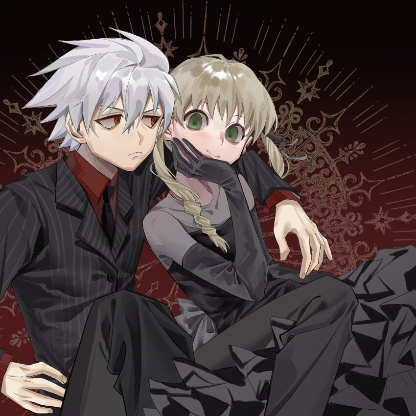 1boy 1girl alternate_skin_color aynm010330 black_dress black_gloves black_necktie buttons chinese_commentary closed_mouth covered_collarbone downturned_eyes dress fingernails formal_clothes frown gloves gradient_background green_eyes hetero highres maka_albarn mixed-language_commentary necktie official_alternate_costume pale_skin pinstripe_pattern pinstripe_suit red_background red_eyes red_shirt shirt smile soul_eater soul_evans suit v-shaped_eyebrows