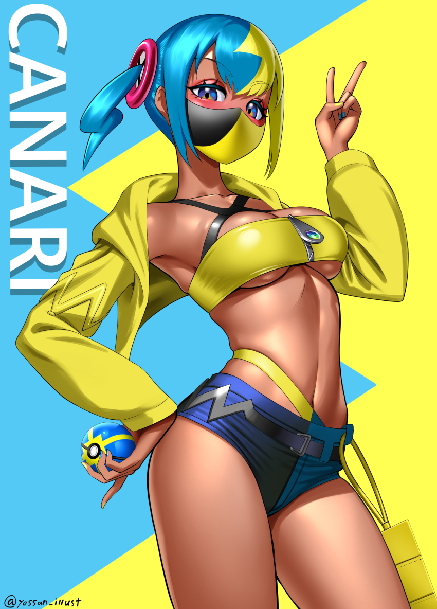 1girl absurdres aqua_background aqua_hair armpits black_mask blonde_hair blue_eyes blush breasts canari_(pokemon) center-flap_bangs cleavage collarbone commentary_request criss-cross_halter crop_top cropped_jacket dark-skinned_female dark_skin english_text fake_hair_bun halterneck highres holding holding_poke_ball jacket large_breasts mask mega_ring mega_stone midriff mouth_mask multicolored_hair navel nintendo poke_ball pokemon pokemon_legends:_z-a quick_ball revision short_twintails shorts sidelocks solo split-color_hair sports_bra stomach twintails two-tone_background two-tone_hair two-tone_mask underboob v yellow_background yellow_jacket yellow_mask yellow_sports_bra yossan_illust zipper