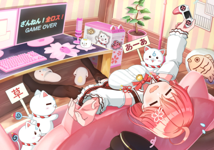 1girl 35p_(sakura_miko) ahoge arms_up bell brown_pantyhose cherry_blossom_print closed_eyes commentary_request computer computer_keyboard computer_mouse computer_tower controller couch detached_sleeves feet floral_print game_controller holding holding_controller holding_game_controller hololive indoors long_hair long_sleeves monitor neck_bell no_shoes on_couch open_mouth pantyhose pillow pink_hair plant potted_plant sakura_miko sakura_miko_(casual) siroimoyasi sitting slippers solo virtual_youtuber wavy_mouth