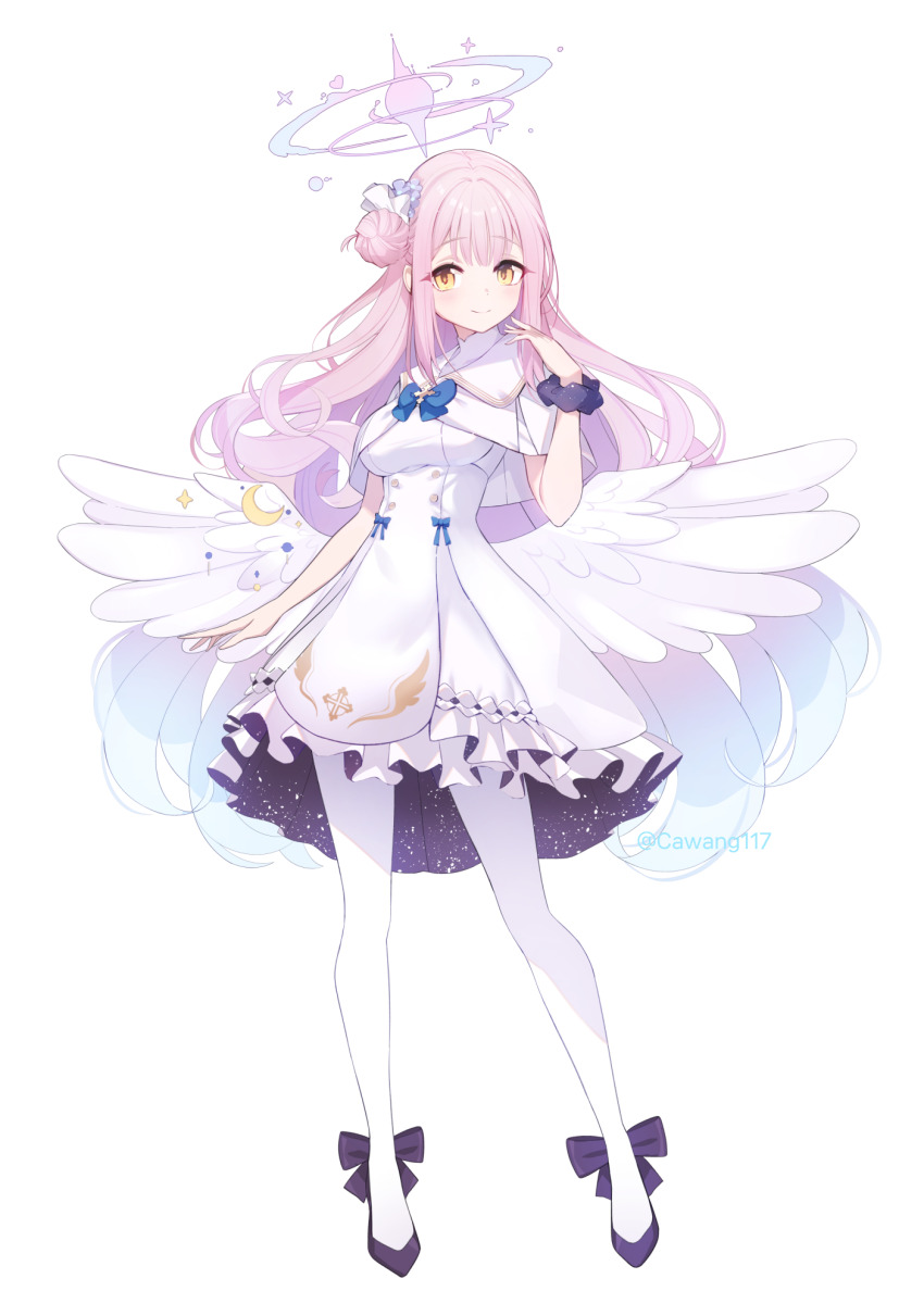 1girl black_shoes blue_archive blue_hair blue_halo breasts cawang commentary_request dress full_body gradient_hair halo highres long_hair looking_at_viewer medium_breasts mika_(blue_archive) multicolored_hair multicolored_halo pantyhose pink_hair pink_halo shoes simple_background solo white_background white_dress white_pantyhose white_wings wings yellow_eyes
