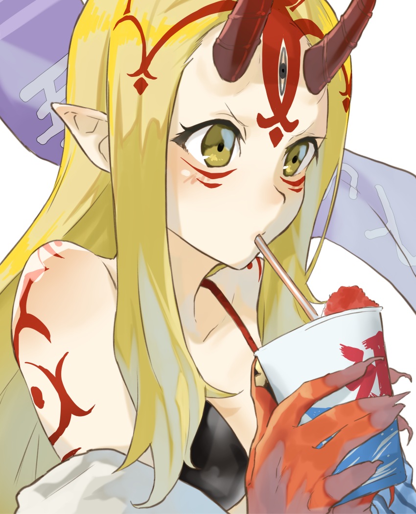1girl absurdres bare_shoulders bikini black_bikini blonde_hair blue_kimono breasts collarbone colored_extremities colored_skin cup drinking drinking_straw facial_mark fate/grand_order fate_(series) food forehead forehead_mark gradient_skin hair_pulled_back highres horns ibaraki_douji_(fate) ibaraki_douji_(fate/grand_order) ibaraki_douji_(swimsuit_lancer)_(fate) ibaraki_douji_(swimsuit_lancer)_(first_ascension)_(fate) japanese_clothes kimono long_hair long_sleeves mitsurugi_sugar off_shoulder oni oni_horns red_skin shaved_ice small_breasts solo swimsuit tattoo yellow_eyes