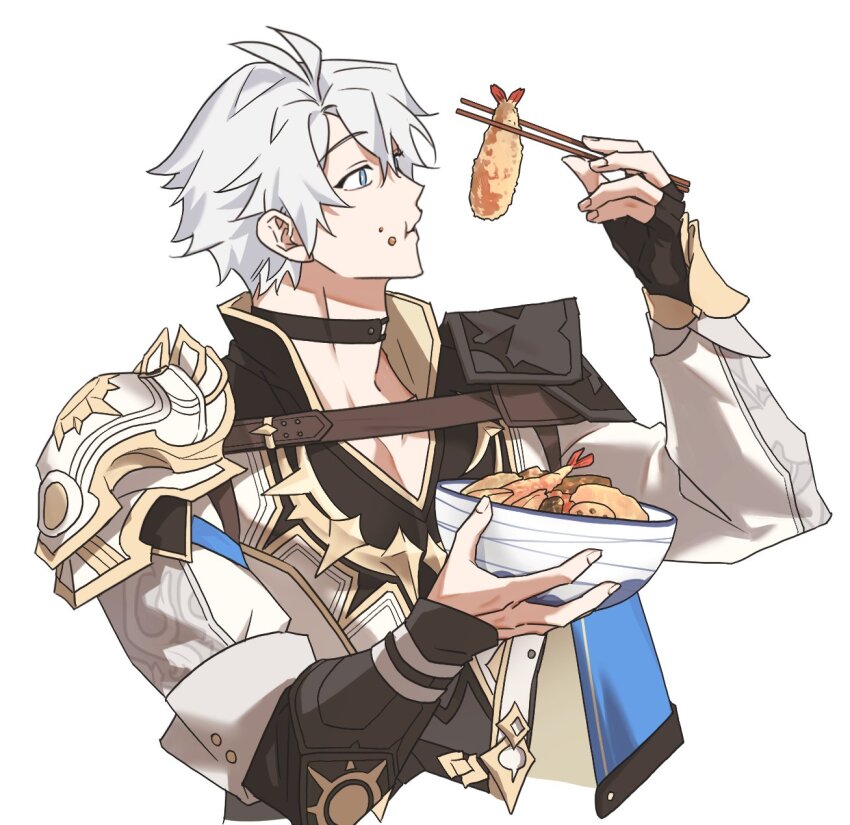 1boy antenna_hair armor black_choker black_gloves black_shirt blue_eyes bowl chewing choker chu_asdf coat commentary_request crumbs fingerless_gloves food gloves highres holding holding_bowl honkai:_star_rail honkai_(series) korean_commentary male_focus parted_bangs pauldrons phainon_(honkai:_star_rail) shirt short_hair shoulder_armor simple_background single_glove single_pauldron solo tempura white_background white_coat white_hair