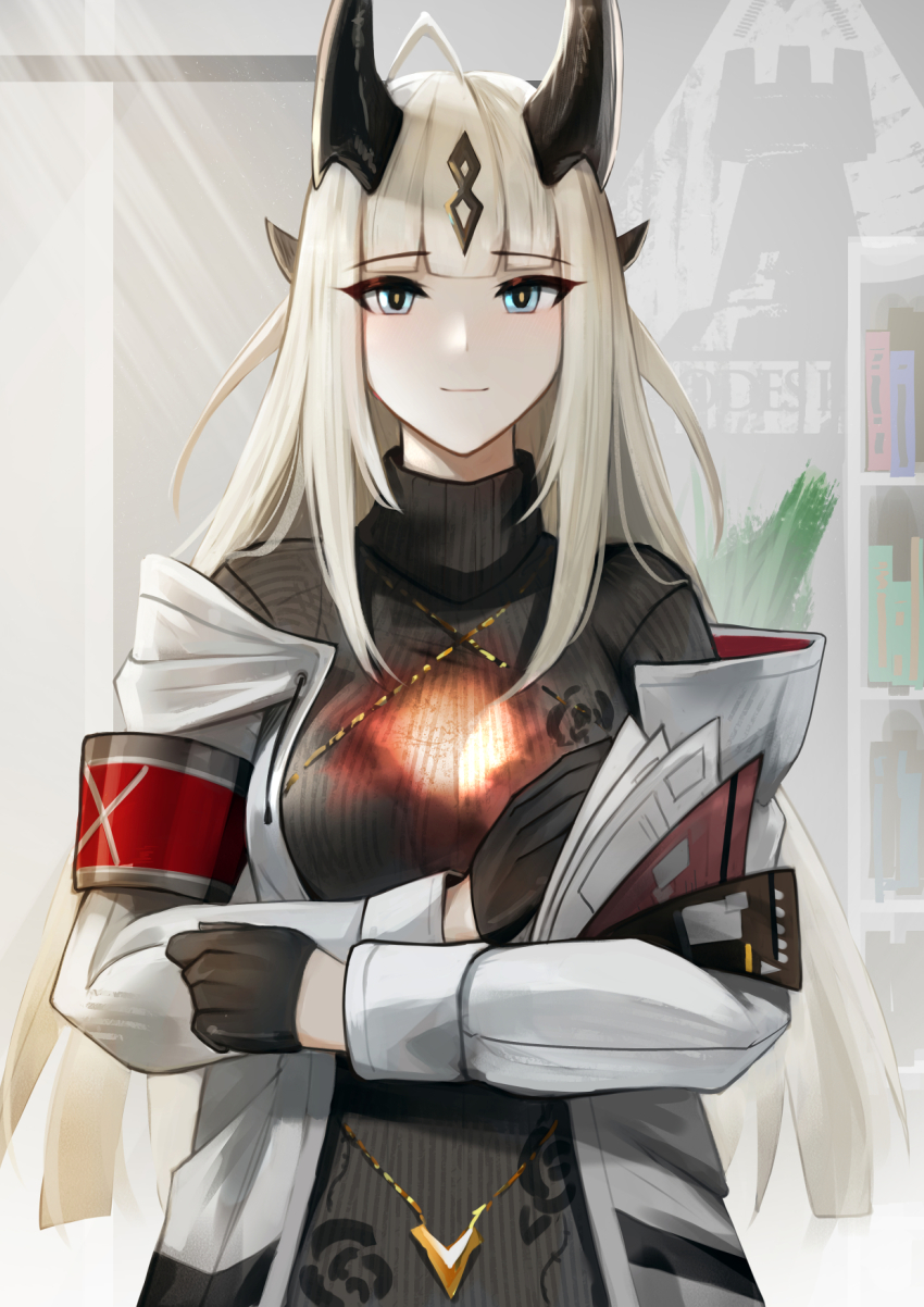 1girl ahoge arknights armband black_dress black_gloves black_sweater blonde_hair blue_eyes blunt_bangs breasts closed_mouth coat commission dragon_horns dress gloves highres horns indoors krirk long_hair long_sleeves medium_breasts off_shoulder open_clothes open_coat pixiv_commission reed_(arknights) rhodes_island_logo_(arknights) shelf smile solo sweater sweater_dress very_long_hair white_coat