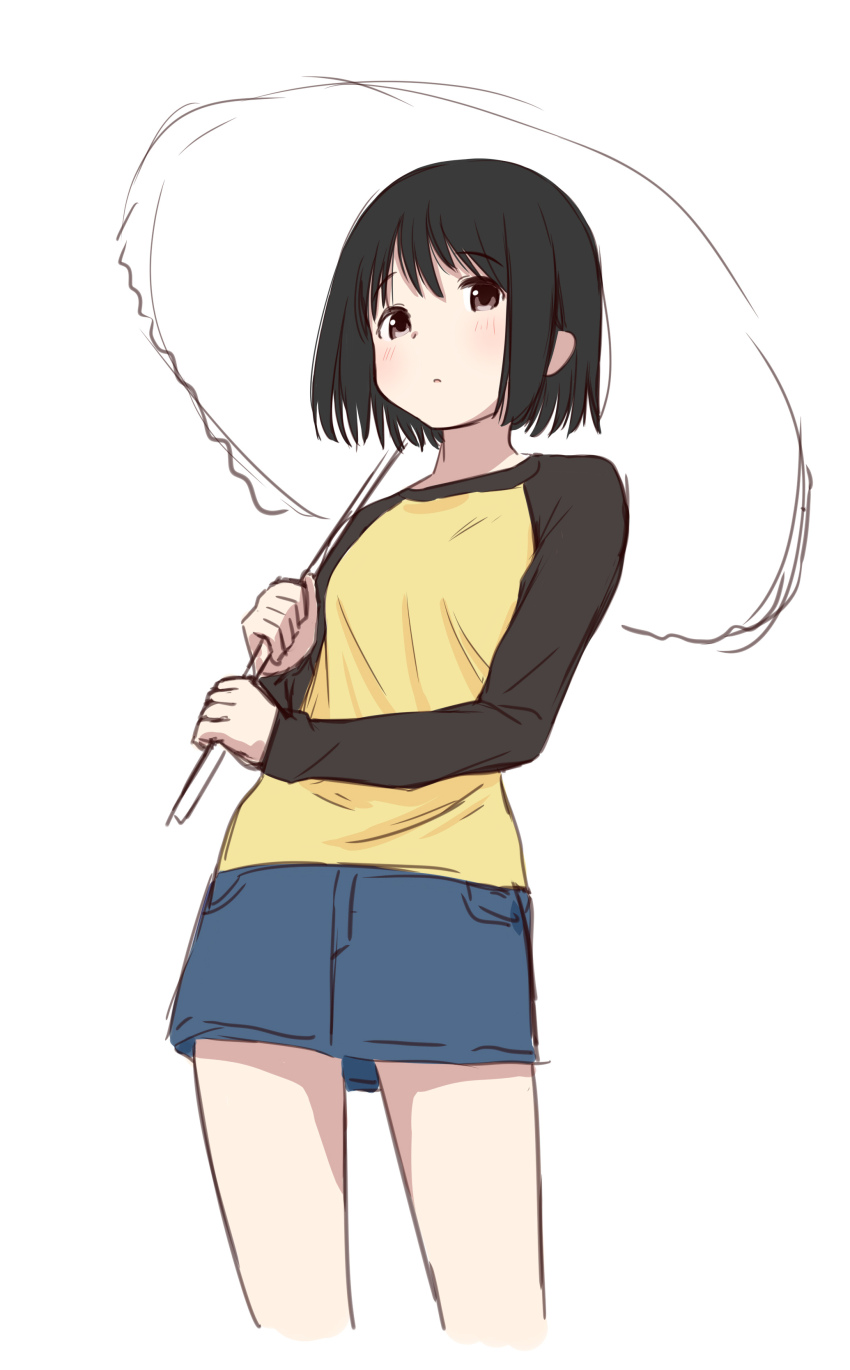 1girl absurdres black_hair blue_skirt blush closed_mouth cropped_legs denim denim_skirt highres holding long_sleeves looking_at_viewer nakahara_misaki nhk_ni_youkoso! pencil_skirt retsumaru shirt short_hair simple_background skirt solo white_background yellow_shirt