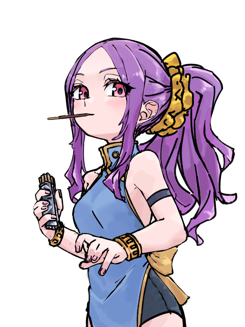 1girl blue_dress bracelet breasts dress fate/grand_order fate_(series) food forehead grey_skirt hair_ornament hair_scrunchie highres jewelry long_hair looking_at_viewer mouth_hold niwaikanai parted_bangs pelvic_curtain pencil_skirt pocky ponytail purple_eyes purple_hair scrunchie sidelocks skirt small_breasts solo wu_zetian_(fate) yellow_scrunchie