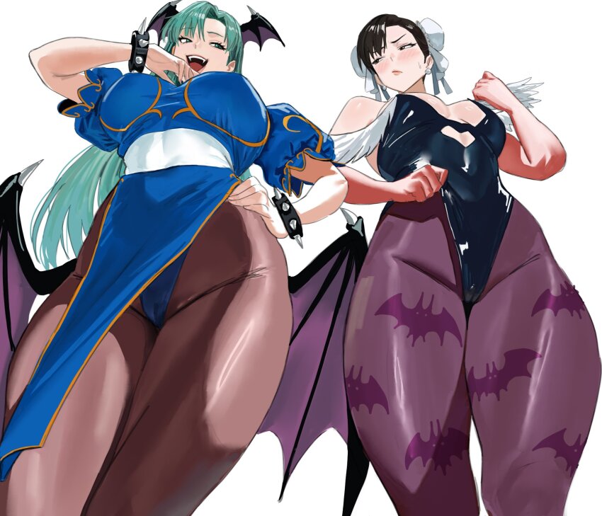 2girls adjusting_clothes adjusting_leotard animal_print asymmetrical_bangs bat_print bat_wings black_hair black_leotard blue_dress blush bracelet breasts brown_pantyhose bun_cover cameltoe capcom china_dress chinese_clothes chun-li chun-li_(cosplay) closed_mouth clothing_cutout commentary cosplay costume_switch curtained_hair cutout_above_navel darkstalkers double_bun dress earrings embarrassed english_commentary fangs feet_out_of_frame from_below frown furrowed_brow green_hair hair_bun hand_on_own_hip hand_to_own_mouth head_wings heart_cutout highleg highleg_leotard highres jewelry large_breasts leotard long_hair looking_at_another looking_to_the_side low_wings medium_breasts morrigan_aensland morrigan_aensland_(cosplay) mugi_(mugit49) multiple_girls open_mouth pantyhose parted_bangs pelvic_curtain print_pantyhose puffy_short_sleeves puffy_sleeves purple_pantyhose short_hair short_sleeves simple_background smile sphere_earrings spiked_bracelet spiked_wings spikes standing strapless strapless_leotard street_fighter sweatdrop teeth thick_thighs thighs upper_teeth_only white_background wings
