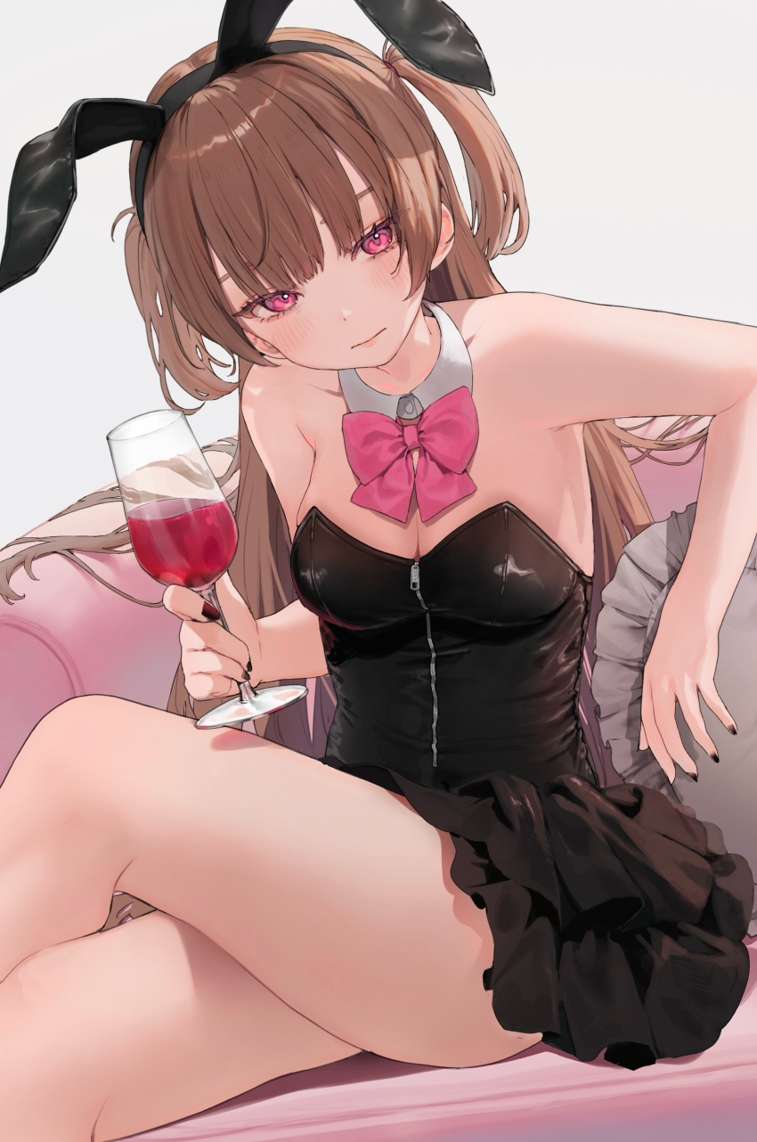 1girl absurdres animal_ears bare_legs black_dress black_nails blush bow bowtie breasts brown_hair cleavage commentary_request crossed_legs cup detached_collar dress drink drinking_glass fake_animal_ears hamunezuko_(nezukonezu32) highres holding holding_cup long_hair looking_at_viewer original pink_eyes rabbit_ears short_dress sitting small_breasts solo thighs two_side_up