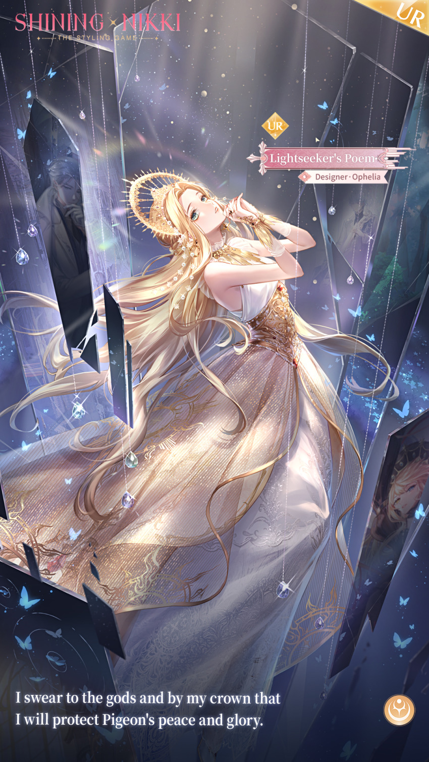1girl aqua_eyes artist_request bare_shoulders beads bikini blonde_hair blue_butterfly bug butterfly character_name collared_dress copyright_name different_reflection dress elf english_text expressionless floating_tears full_body glass gleam glowing gold_bikini gown ha_co hair_beads hair_ornament halo halo_behind_head highres insect layered_dress leaning_back light_rays lightbringer&#039;s_ode_(shining_nikki) lipstick logo long_dress long_hair long_sidelocks makeup mercury_(shining_nikki) mirror nikki_(series) official_art ophelia_(shining_nikki) own_hands_together parted_lips pink_lips pointy_ears reflection shining_nikki sidelocks sleeveless sleeveless_dress solo space sparkle spiked_halo swimsuit teardrop teeth third-party_source very_long_hair white_dress yellow_bridal_gauntlets yellow_corset yellow_dress yellow_halo