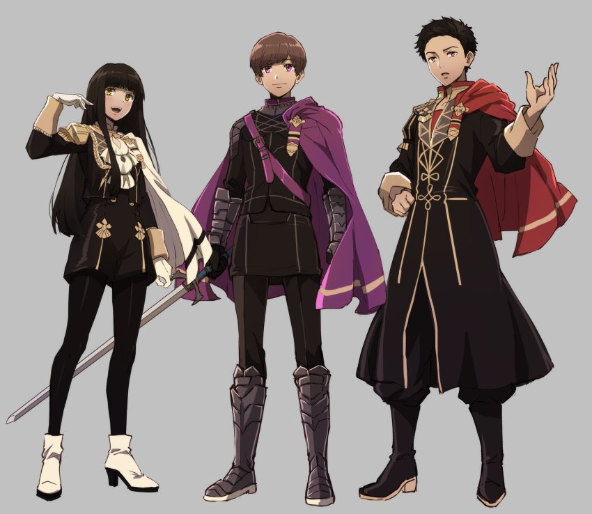 1girl 2boys adapted_costume alternate_universe black_footwear black_hair black_jacket black_pants blunt_bangs boots breasts brown_hair cape commentary commentary_request dress gloves grin highres jacket kamen_rider kamen_rider_zi-o_(series) light_smile long_coat long_hair looking_at_viewer male_focus medium_breasts mido_(byebyebye03) military military_uniform mole mole_under_eye multiple_boys myoukouin_geiz orange_eyes pants pantyhose purple_cape red_cape red_eyes red_jacket shirt shoes short_hair side_cape sidelocks sitting smile straight_hair striped sword tokiwa_sougo tsukuyomi_(zi-o) weapon white_cape white_gloves yellow_eyes
