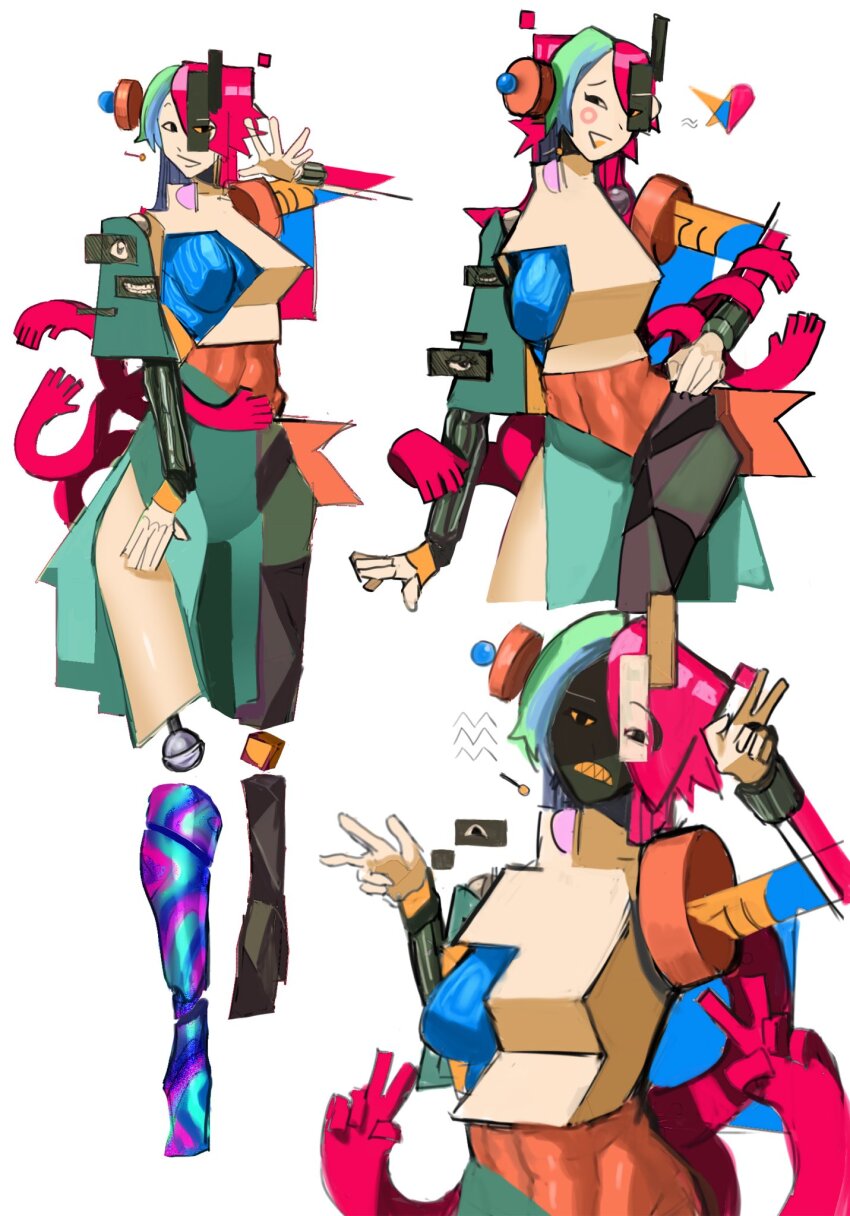 1girl aqua_hair breasts colored_sclera colored_teeth detached_legs double_v double_w extra_arms hand_on_own_hip highres linea_alba long_sleeves medium_breasts midriff open_mouth original pink_hair sfour_s4 sharp_teeth smile solo surreal teeth v w white_background yellow_sclera yellow_teeth