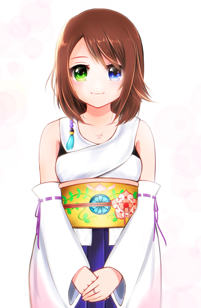 1girl absurdres female_focus final_fantasy final_fantasy_x hakama hakama_skirt heterochromia highres japanese_clothes jewelry necklace simple_background skirt solo tagme yuna