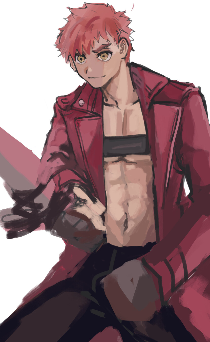 1boy abs absurdres brenzo14783 brown_eyes coat cosplay dante_(devil_may_cry) dante_(devil_may_cry)_(cosplay) emiya_shirou fate/stay_night fate_(series) highres holding holding_sword holding_weapon male_focus rebellion_(sword) red_coat red_hair sketch solo sword toned toned_male unfinished weapon