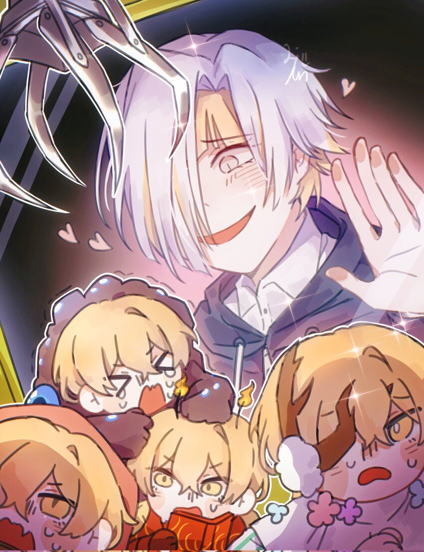 &gt;_&lt; 1girl 4boys 9:2_(e.g.o) blonde_hair blush cavernous_wailing_(e.g.o) collared_shirt crane_game crying e.g.o_(project_moon) earmuffs hand_up hat highres kromer_(project_moon) laenjen78201 lifetime_stew_(e.g.o) limbus_company mini_person miniboy multicolored_hair multiple_boys open_mouth project_moon red_hat shirt sinclair_(project_moon) smile streaked_hair sweat white_eyes white_hair white_shirt yellow_eyes