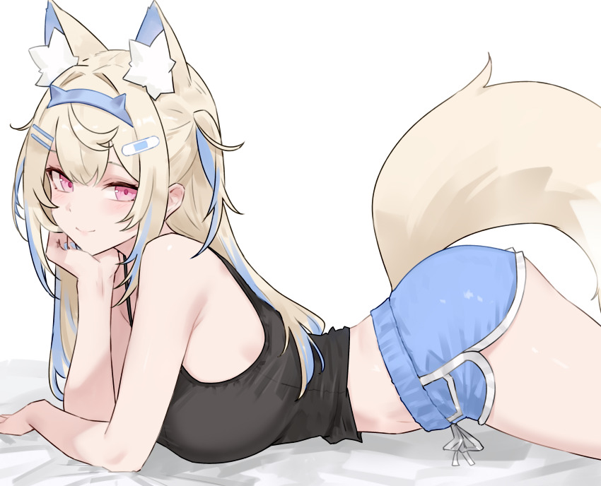 1girl absurdres alternate_costume animal_ears bandaid bandaid_hair_ornament black_tank_top blonde_hair blue_hair blue_hairband blue_shorts bluefield breasts closed_mouth commentary crossed_bangs dog_ears dog_girl dog_tail dolphin_shorts double-parted_bangs extra_ears fake_horns from_side fuwawa_abyssgard hair_between_eyes hair_ornament hairband hairclip hand_on_own_chin head_rest highres hololive hololive_english horn_hairband horns large_breasts long_hair looking_at_viewer lying midriff multicolored_hair on_stomach parallel_hairclips pink_eyes short_shorts shorts simple_background smile solo streaked_hair tail tank_top two_side_up virtual_youtuber white_background