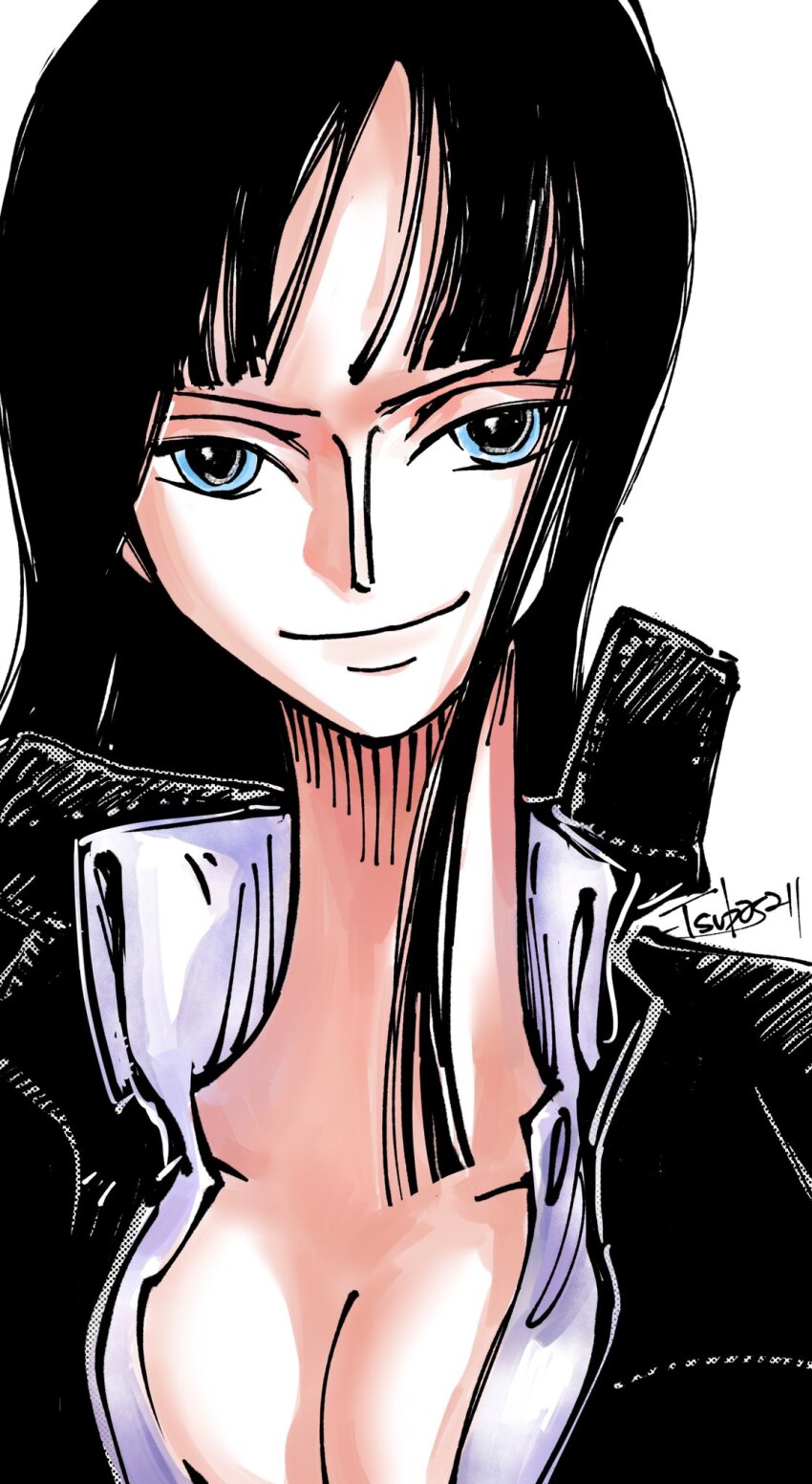1girl black_hair blue_eyes blunt_bangs breasts cleavage closed_mouth collared_shirt commentary high_collar highres looking_at_viewer nico_robin nico_robin_(water_7) one_piece shirt short_hair signature simple_background smile solo tsubasa_1chi upper_body white_background