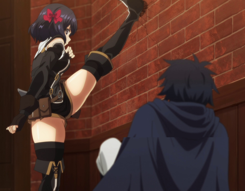 1boy 1girl anime_screenshot ass black_hair black_shorts black_thighhighs blue_eyes blunt_bangs breasts brown_gloves cape center_frills dress fingerless_gloves flexible frilled_shirt frills from_side gloves highres kicking krai_andrey large_breasts leg_up looking_at_viewer medium_hair nageki_no_bourei_wa_intaishitai neck_ribbon red_ribbon ribbon romper serious shirt short_hair shorts sideboob sleeveless sleeveless_dress stitched thick_thighs thighhighs thighs third-party_edit tino_shade white_shirt