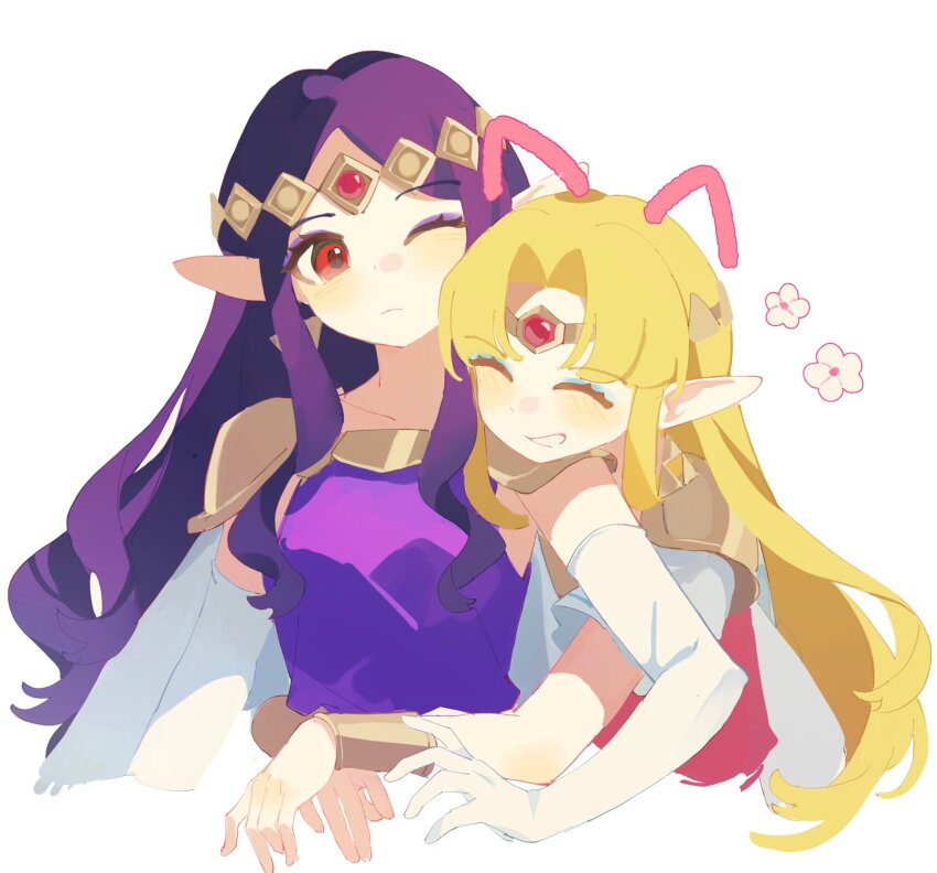 2girls blonde_hair circlet closed_eyes curtained_hair earrings elbow_gloves forehead_jewel gloves highres hug hug_from_behind jewelry long_hair mmmaki_0 multiple_girls nintendo parted_bangs pointy_ears princess_hilda princess_zelda purple_hair red_eyes shoulder_pads smile the_legend_of_zelda the_legend_of_zelda:_a_link_between_worlds triforce white_gloves