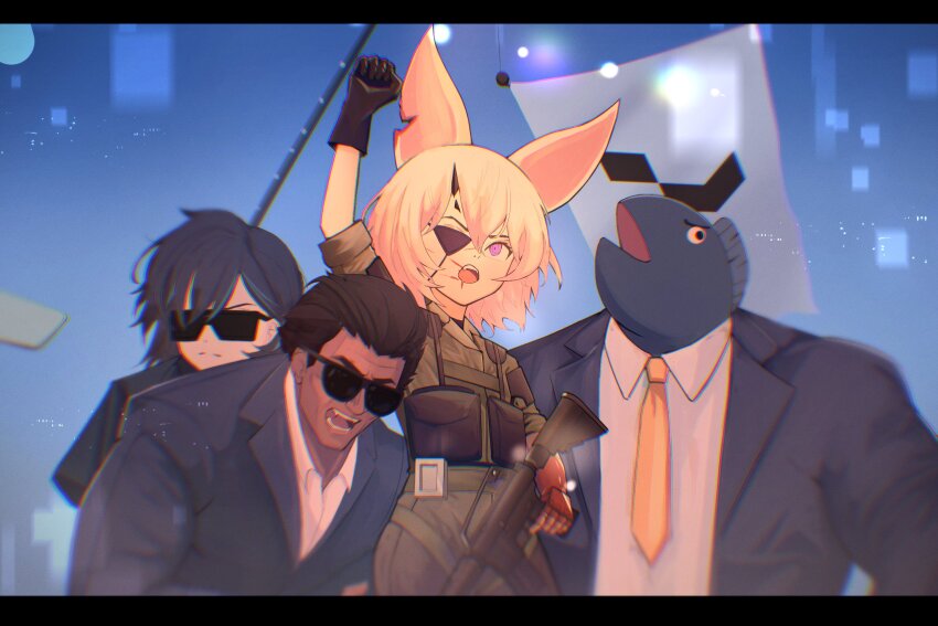 2024_attempted_assassination_of_donald_trump 2boys 2girls animal_ears arm_up ayase_yuu black_gloves black_hair black_jacket blood blood_on_face blue_sky brown_gloves character_request clenched_hand cosplay dark-skinned_male dark_skin dress_shirt eyepatch fingerless_gloves fish_boy flag fox_ears fox_girl gloves gun h2osakana highres holding holding_gun holding_weapon jacket metal_gear_(series) miltaire94 multiple_boys multiple_girls necktie open_mouth phase_connect phase_connect_jp purple_eyes shirt short_hair sky sunglasses tenma_maemi venom_snake venom_snake_(cosplay) virtual_youtuber weapon white_hair white_shirt yellow_necktie