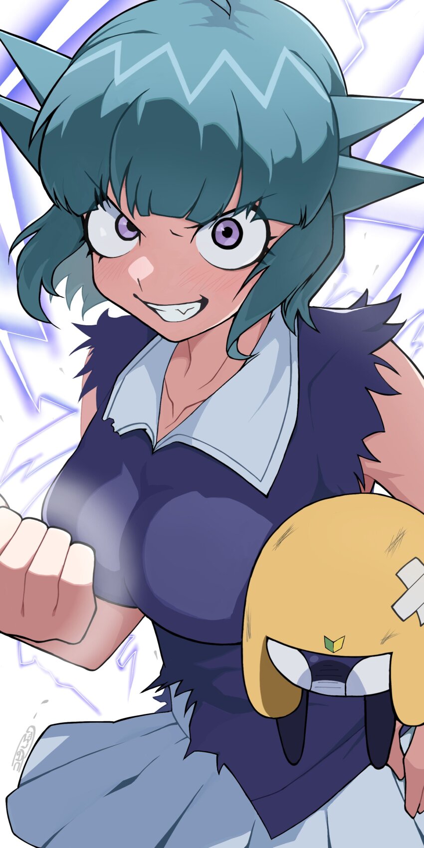 1boy 1girl absurdres angry black_skin blue_hair breasts clenched_hand collarbone colored_skin fang frog_boy grin hat highres keroro_gunsou kohiru_atsuku lightning looking_at_viewer medium_breasts nishizawa_momoka open_mouth purple_eyes shirt short_hair shoshinsha_mark skirt smile spiked_hair tamama torn_clothes torn_shirt white_background white_skirt