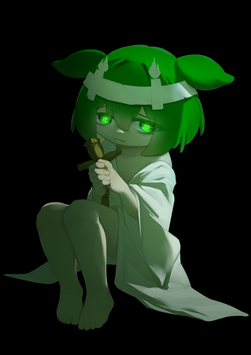 1girl :3 absurdres animal_ears barefoot black_background bottomless candle commentary_request doll double-parted_bangs feitohi full_body furrowed_brow glowing glowing_eyes green_eyes green_hair hair_between_eyes hashihime headband highres holding holding_doll japanese_clothes kimono legs_together looking_at_viewer pea_pod shakai_kouken_ganbaru_no_da!!. short_hair simple_background single_off_shoulder sitting solo straw_doll translated voicevox white_headband white_kimono zundamon