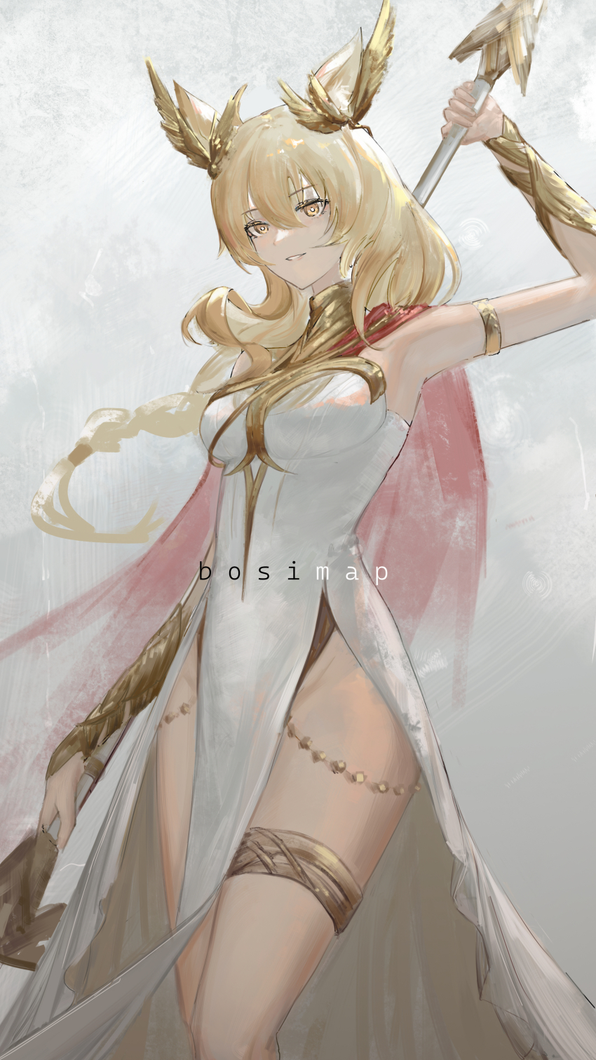 1girl absurdres animal_ears arknights arm_up armlet armpits artist_name bare_shoulders blonde_hair bosimap bracelet chinese_commentary commentary_request cowboy_shot dress gold gold_armlet gold_bracelet gold_thighlet grey_background groin hair_between_eyes hair_ornament highres jewelry long_dress long_hair looking_at_viewer nearl_(arknights) pelvic_curtain side_slit smile solo standing thighlet watermark white_dress yellow_eyes