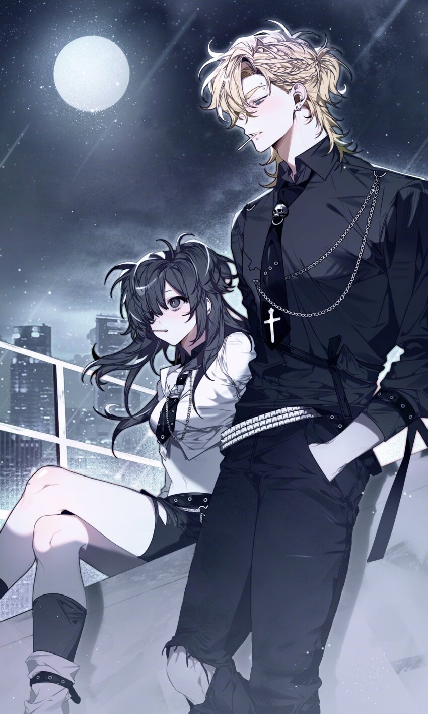 1boy 1girl artist_request black_hair black_shorts city commission commissioner_upload crop_top crossed_legs degrees_of_lewdity hand_in_pocket highres moon necktie night pants player_character_(degrees_of_lewdity) player_character_(female)_(degrees_of_lewdity) rooftop shorts sitting torn_clothes torn_pants whitney_(degrees_of_lewdity) whitney_(male)_(degrees_of_lewdity)