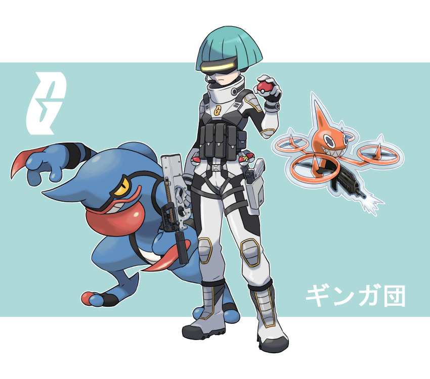 1girl alternate_costume armor bullpup gen_4_pokemon green_hair gun highres holding holding_gun holding_poke_ball holding_weapon holster looking_at_viewer nintendo p90 poke_ball poke_ball_(basic) pokemon pokemon_(creature) pokemon_dppt rotom rotom_(other) short_hair submachine_gun team_galactic_grunt team_galactic_logo thegraffitisoul thigh_holster toxicroak weapon