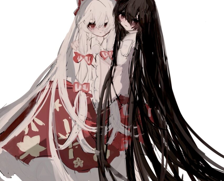 2girls a_umanee black_hair bow fujiwara_no_mokou hair_bow houraisan_kaguya long_hair looking_at_viewer multiple_girls red_hair red_skirt side-by-side simple_background skirt touhou very_long_hair white_background white_hair