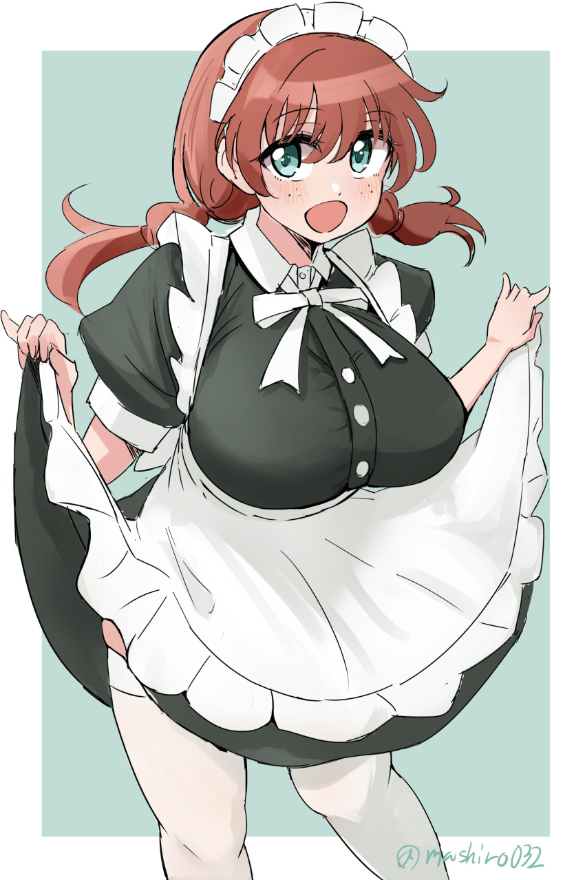 1girl :d alternate_costume apron black_dress blue_eyes border breasts brown_hair collared_dress commentary_request dress emma_verde enmaided ereka feet_out_of_frame freckles frilled_apron frills green_background highres large_breasts long_hair love_live! love_live!_nijigasaki_high_school_idol_club low_twintails maid maid_headdress open_mouth outside_border puffy_short_sleeves puffy_sleeves short_sleeves skindentation skirt_hold smile solo thighhighs twintails twitter_username waist_apron white_apron white_border white_thighhighs